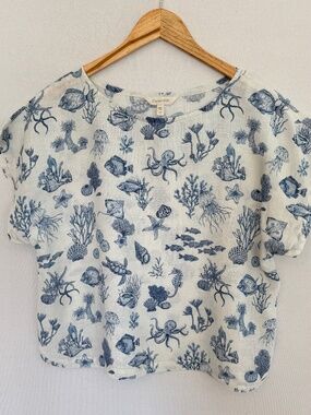 GARNET HILL Women’s Medium 100% Linen Short Sleeve Top Ocean Life Print